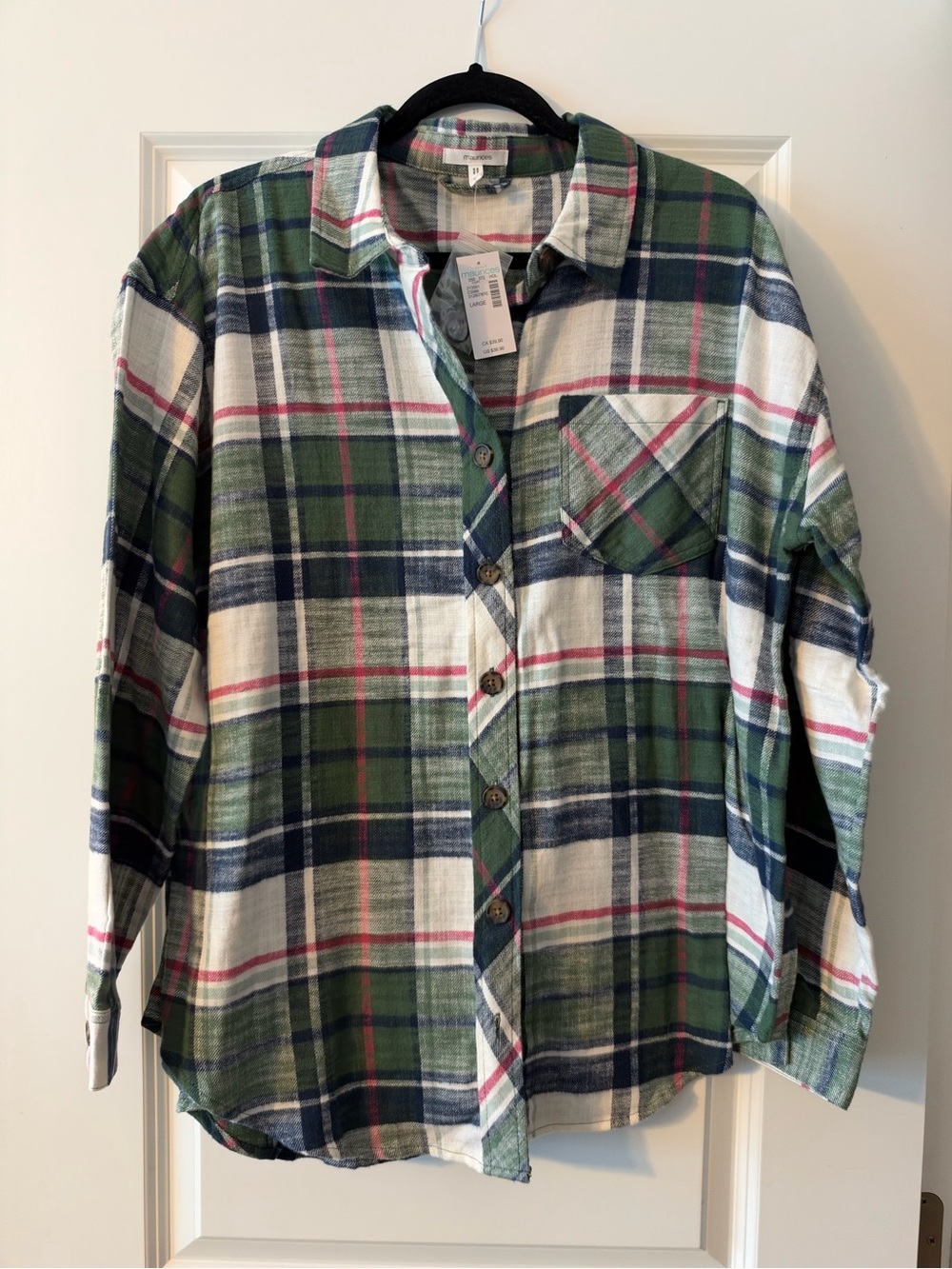 Maurices Green White and Navy Plaid Button-Down Shirt with Pink Stripe